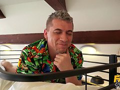 Fat cock sliding through hole in bunkbed surprises chubby chick with big soft titties