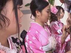 Several curvy Asian ladies in floral kimonos bring the heat for a gangbang