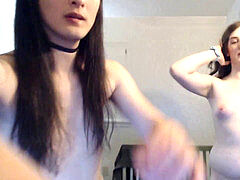 two she-creatures fellate cock and eat ass