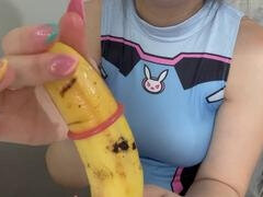 My stepsister plays with a banana before sticking it in her fake cooch