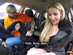 Curvy British driving student doggy style in the car