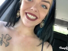Lusty doll with impressive melons Pawg Queen poses in the car
