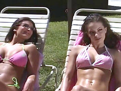 Ass to mouth, Bikini, Brunette, Lesbian, Outdoor, Shaved, Skinny, Threesome
