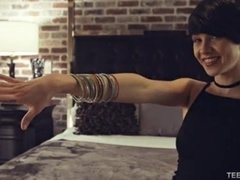 Short haired brunette gives close up view of her pussy filled with creampie