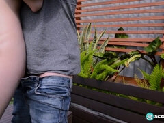 Brunette teen Bunnie Hughes takes a massive load and a hard fuck after a steamy outdoor pee session with Peter Green