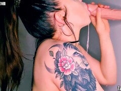 Dirty-talking gagging slut Tanya Taboo gives a wild and sloppy deep-throat blowjob