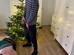 Mother-in-law bent over the Christmas tree doggy style and received hot cum on her ass