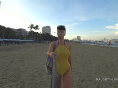 Plage, Gros seins, Plantureuse, Seins naturels, Public, Solo, Maillot de bain, Nénés