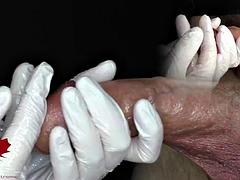 Leie, Grosser schwanz, Spermaladung, Weibliche domination, Fetisch, Handschuhe, Handjob, Sperma