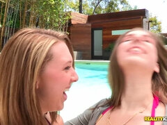 Brunette Beauties Double Down in Steamy Bikini Pool Heat