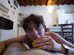 Pijpbeurt, Sperma shot, Grappig, Italiaans, Gezichtspunt, Sperma, Slikken, Vrouw