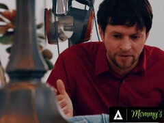 Strapped babysitter Riley Jacobs gets destroyed by her boss's fat cock while his wife is nearby