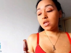 Hot Latina babe Saturno Squirt finishes her makeup and starts pleasuring her smooth-shaven kitty with multiple orgasms