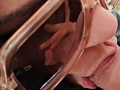 Hot mature blonde MILF blows a passerbys big cock hard in the winter park