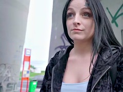 Tattooed brunette gets picked up and fucked in public
