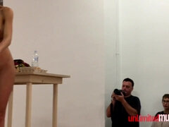 Naked skinny vixen in the Museum - public nudity