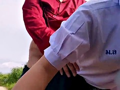 アジア人, ハードコア, アウトドア, 公共, 生徒, タイ, ユニフォーム, スカートのぞき
