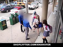 Blonde chicks in HD hide in a shop & get fucked by security guard