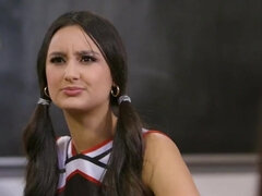 Horny cheerleaders fuck on a teacher's table in a hot orgy