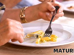 Slutty mature laid by handsome waiter in front of old hubby