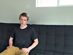 Amateur blonde twink jerks his cock and cums on casting