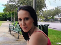 Skanky brunette with natural tits pleasuring Tyler in the car