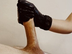 Femdom handjob, gloves handjob, cum on belly