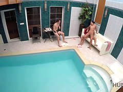 美人, カップル, チン, Hd, シゴき, 母, プール, フェラする