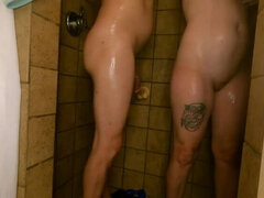 Ass, Dildo, Huge dildo, Milf, Shower, Strapon, Tattoo, Toys
