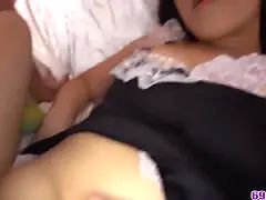 Lustful Japanese maid fingers her shaved pussy before getting a creampie