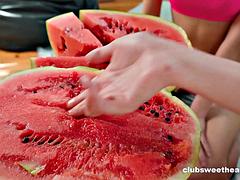 Brunette Teens Celebrate Watermelon Day Outdoors: Wild Tribbing and Intense Licking in the