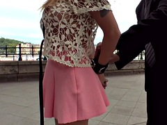 Public whore anally fucked in a threesome and whipped to cum swallow