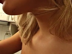Hot blonde French rides dick in the kitchen