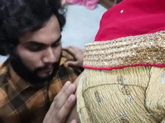 Hot Indian Wife in Red Half Saree - Navel Lick & Romantic Kissing