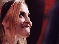 Busty blonde babe blows Spider Man and rides his hard dick