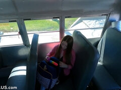 Myra Glasford and Tiny Red Head Schoolgirl go wild on a big dicked bus driver