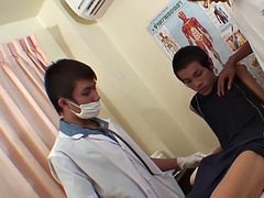 Skinny Asian twink fucked bareback in a threesome with the doctor in the infirmary