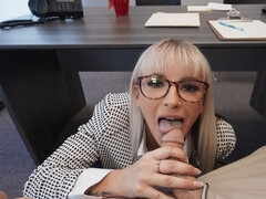 Nerdy office babe Katee V gets fucked at her work place