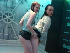 Cute chicks party underneath the club shower