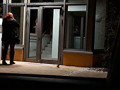 Dildo and gag in public on the doorstep