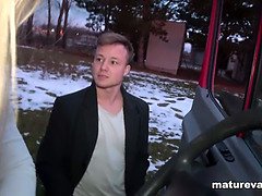 Skinny Mature Fucks 2 guys in a van