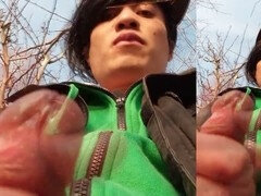 Asiatique, Rondelette, Tir de sperme, Homosexuelle, Masturbation, De plein air, Public