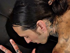 Office crossdresser in fishnets bareback fucks her inked boyfriend