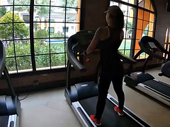 Petite Asian teen whore gets tiny pussy fucked after workout and sucks cock