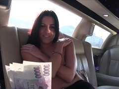 Eveline Dellai sucks cock & rides a hard dick in the back of a limo
