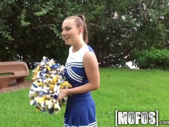 Tiffany Bannister, the sexy cheerleader, gives a POV blowjob in a public place