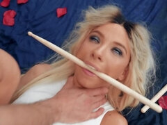 Fabulous blonde drum girl is taken to bed by fan for anal sex