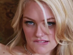 Sweet blonde with perky boobs touches pink cunny on the couch