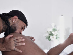 Muscled ebony barebacked by his man
