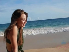 Plage, Doigter, Nue, Huilée, Orgasme, Chatte, Rasée, Nénés